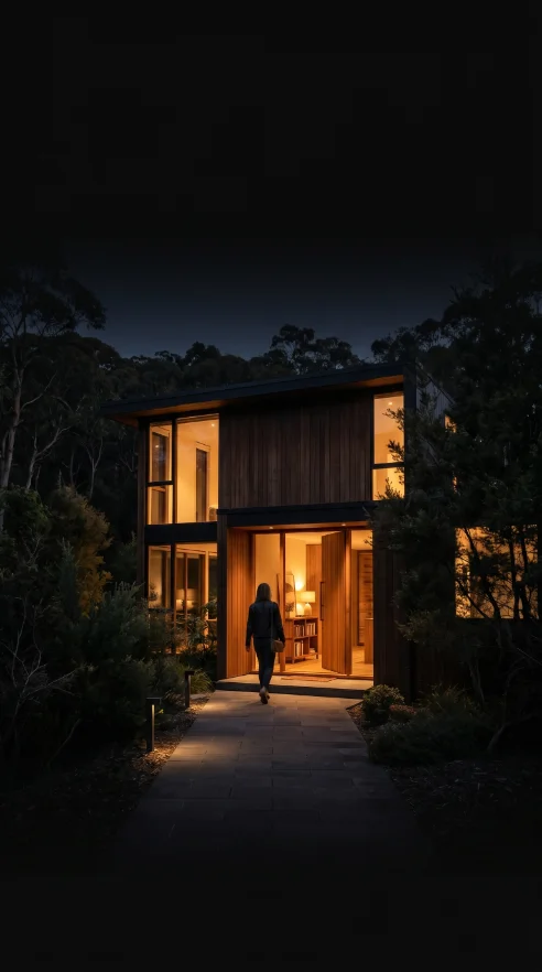 Modernes Haus abends beleuchtet — Smart-Home-Hauselektrik vom e-team aus Ravensburg